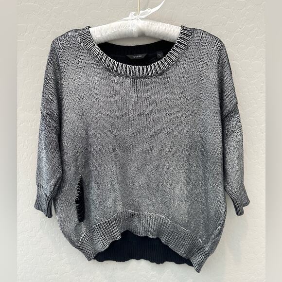 GUESS | Silver Metallic Distressed Sweater Grunge Knit Pullover | Size Small - Picture 1 of 7